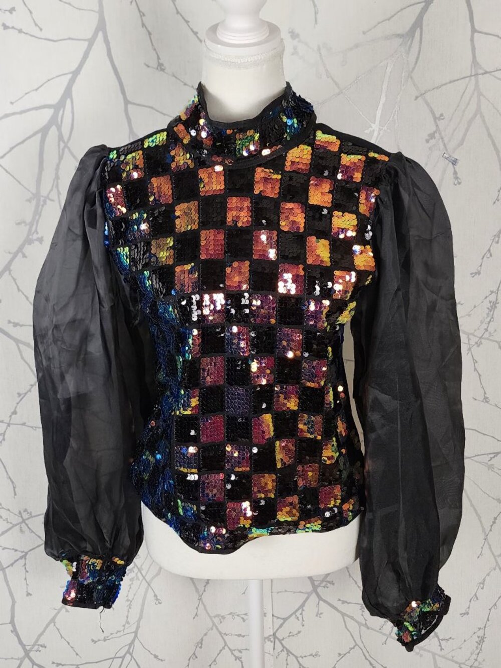 Mezonia Sequin Checks High Neck Balloon Sleeve Blouse
